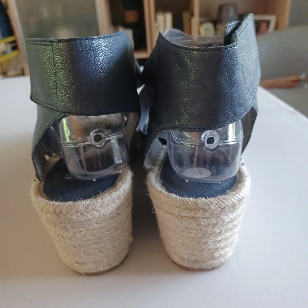 Eileen Fisher Slate Blue Leather Espadrille Wedge Sandals Women 11 Platform NWOT